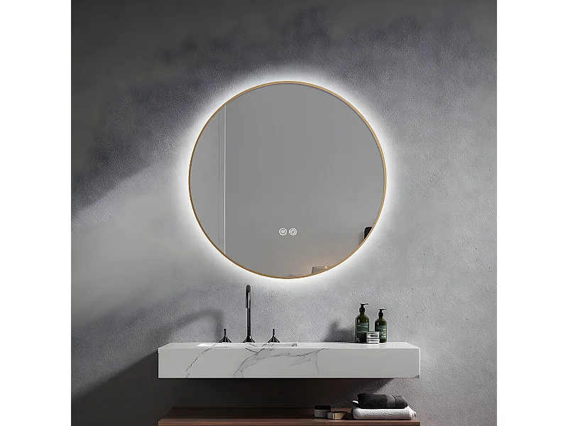 LuxuryBain- Miroir de salle de bain LED 60cm rond anti buée avec cadre en aluminium doré, or