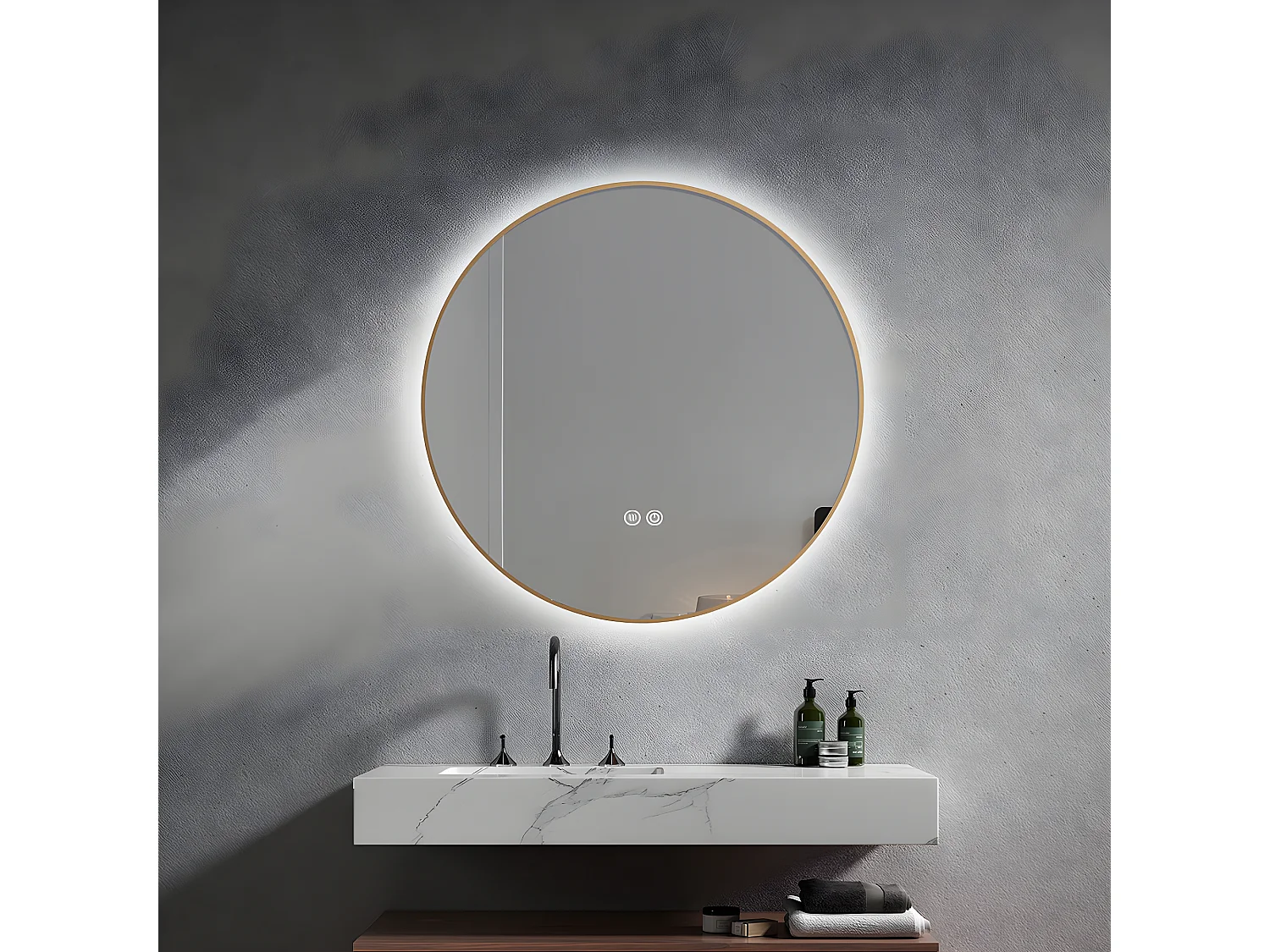 LuxuryBain- Miroir de salle de bain LED 60cm rond anti buée avec cadre en aluminium doré, or