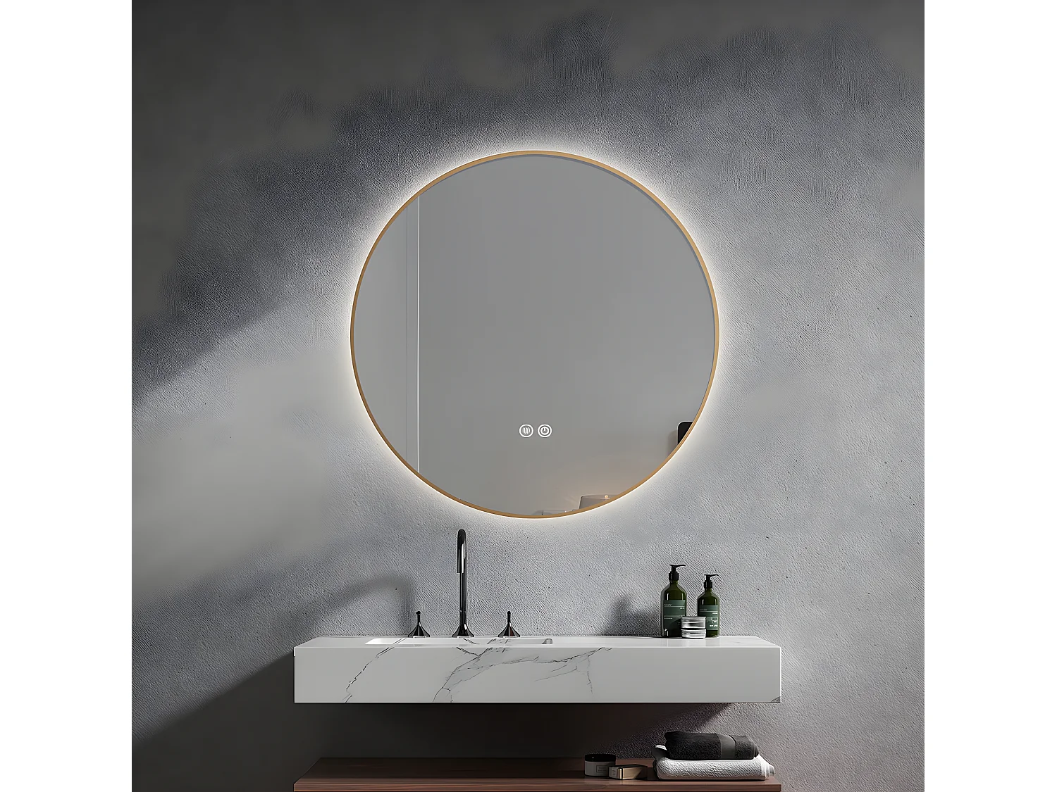 LuxuryBain- Miroir de salle de bain LED 60cm rond anti buée avec cadre en aluminium doré, or