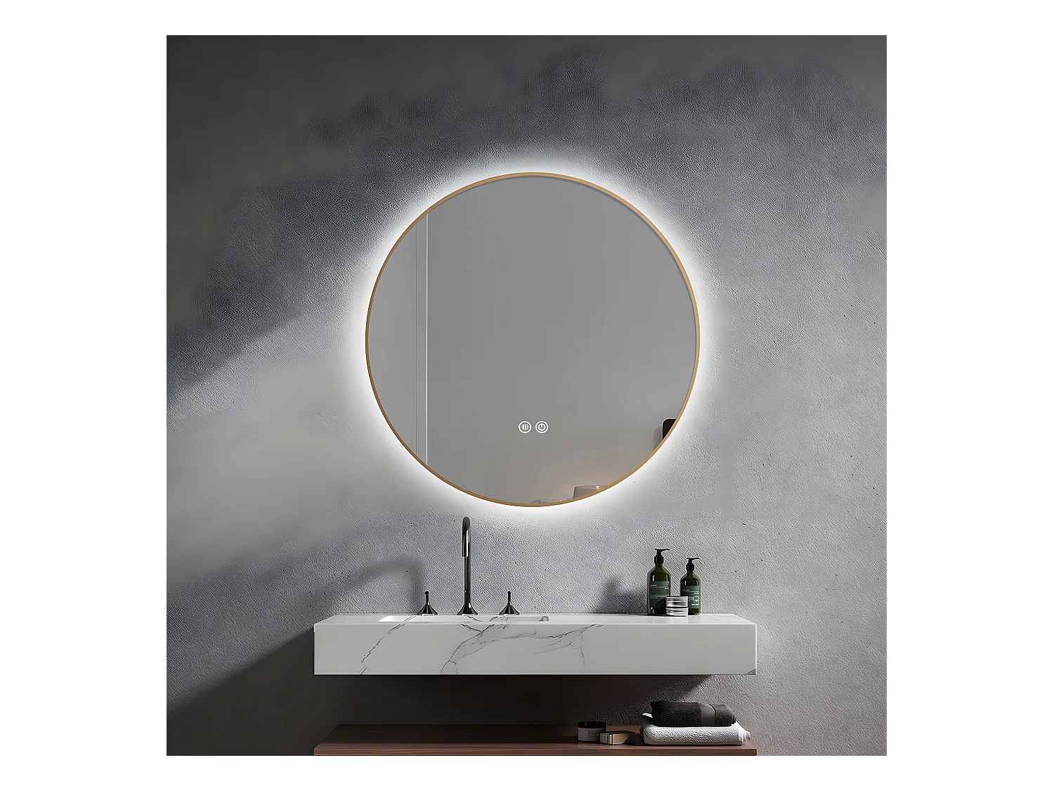 LuxuryBain- Miroir de salle de bain LED 60cm rond anti buée avec cadre en aluminium doré, or