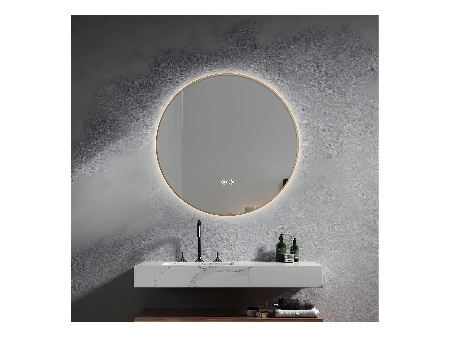 LuxuryBain- Miroir de salle de bain LED 60cm rond anti buée avec cadre en aluminium doré, or