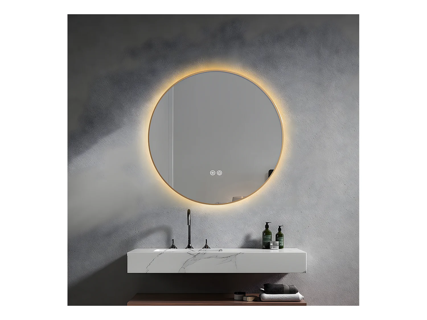 LuxuryBain- Miroir de salle de bain LED 60cm rond anti buée avec cadre en aluminium doré, or