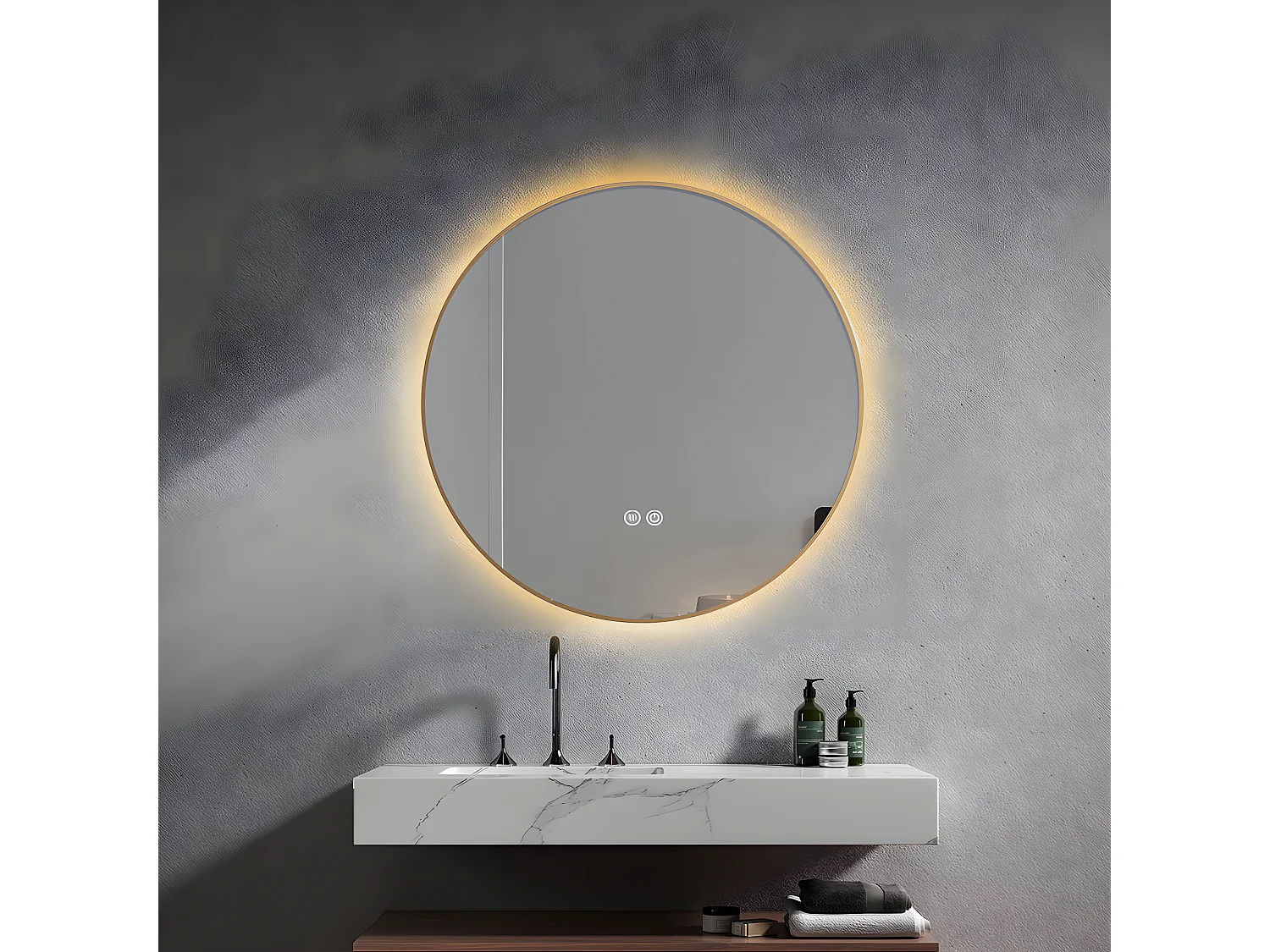 LuxuryBain- Miroir de salle de bain LED 60cm rond anti buée avec cadre en aluminium doré, or