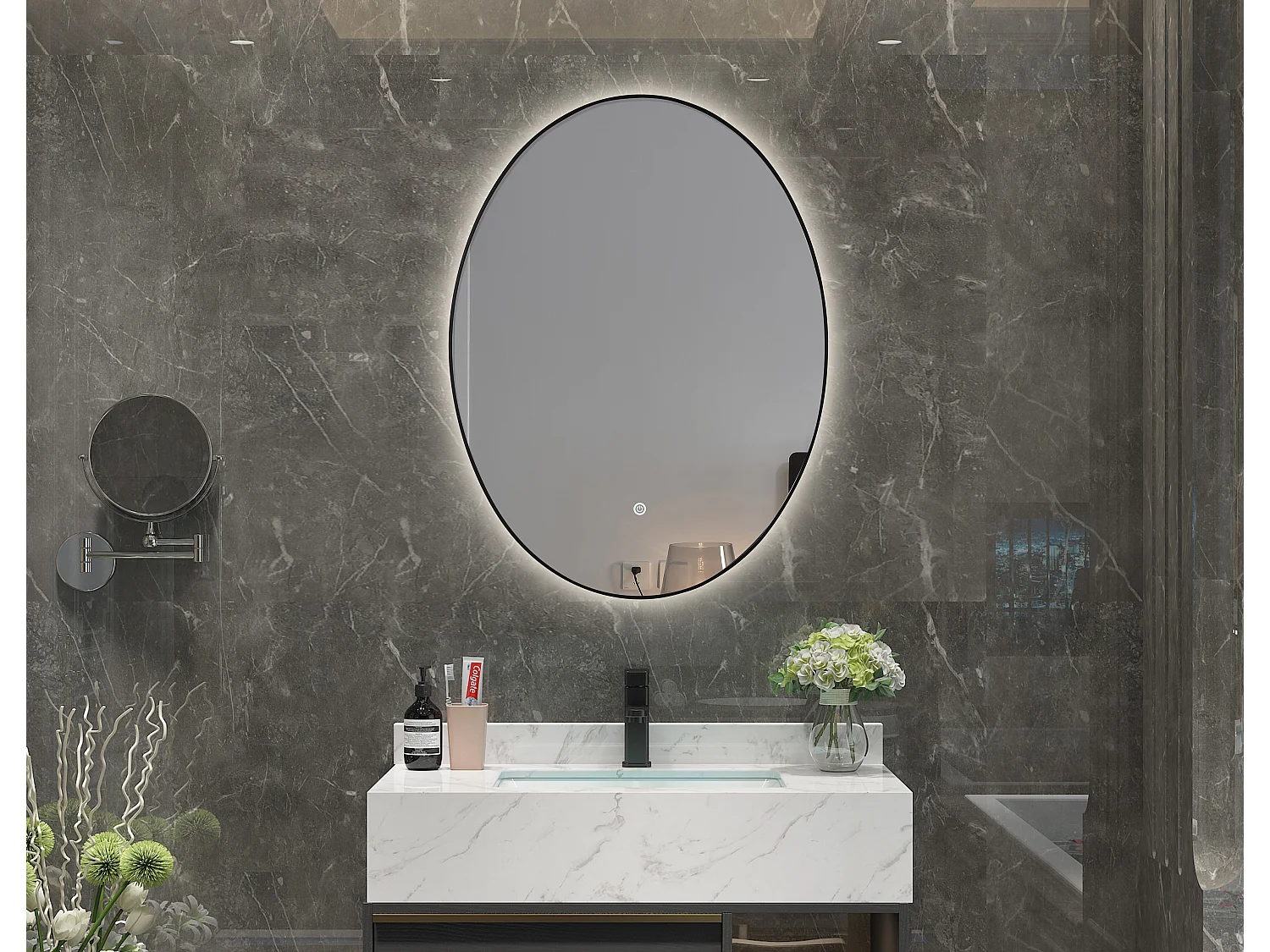 LuxuryBain- Miroir de salle de bain LED à luminosité variable 50x70cm oval avec cadre en aluminium noir