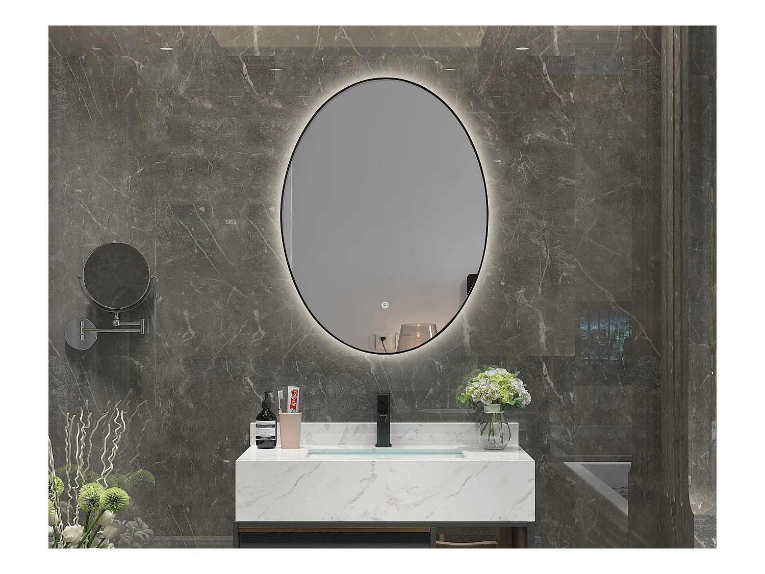 LuxuryBain- Miroir de salle de bain LED à luminosité variable 50x70cm oval avec cadre en aluminium noir
