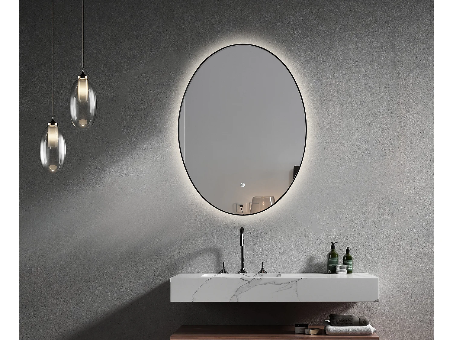 LuxuryBain- Miroir de salle de bain LED à luminosité variable 50x70cm oval avec cadre en aluminium noir