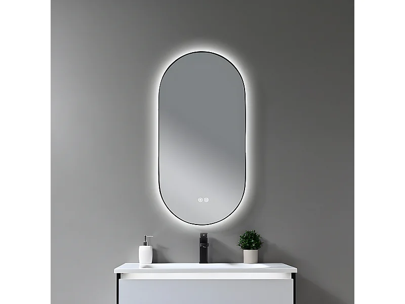 LuxuryBain- Miroir de salle de bain LED 45x90cm ovale anti buée avec cadre en aluminium noir