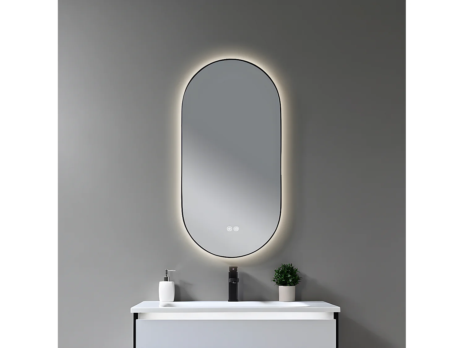 LuxuryBain- Miroir de salle de bain LED 45x90cm ovale anti buée avec cadre en aluminium noir