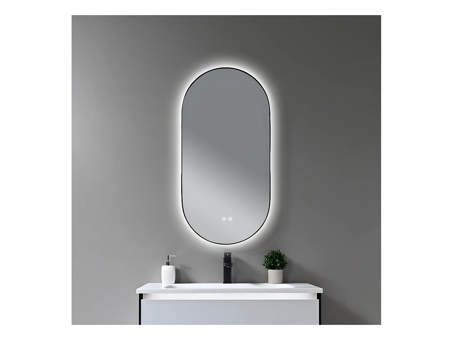 LuxuryBain- Miroir de salle de bain LED 45x90cm ovale anti buée avec cadre en aluminium noir