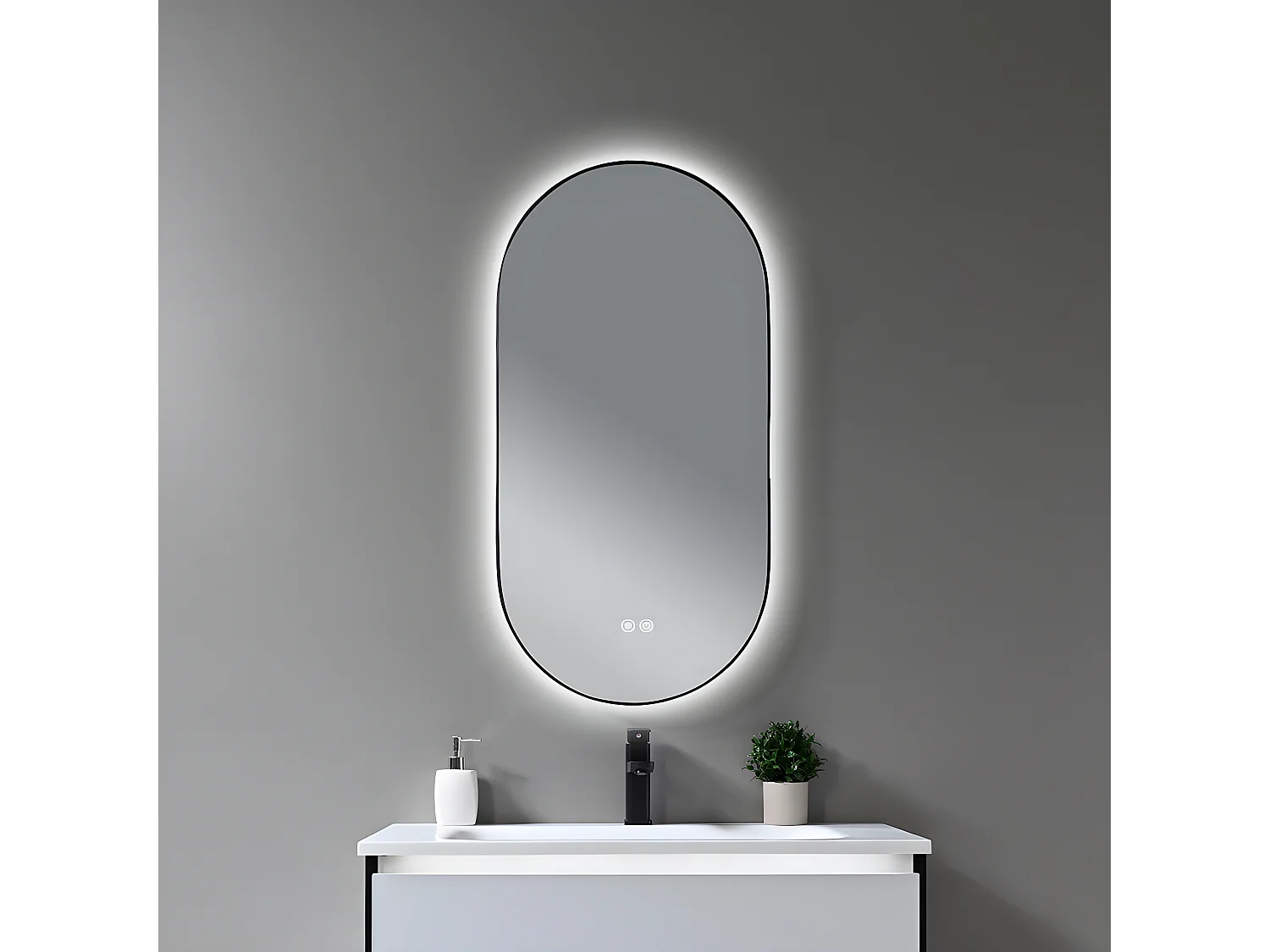 LuxuryBain- Miroir de salle de bain LED 45x90cm ovale anti buée avec cadre en aluminium noir