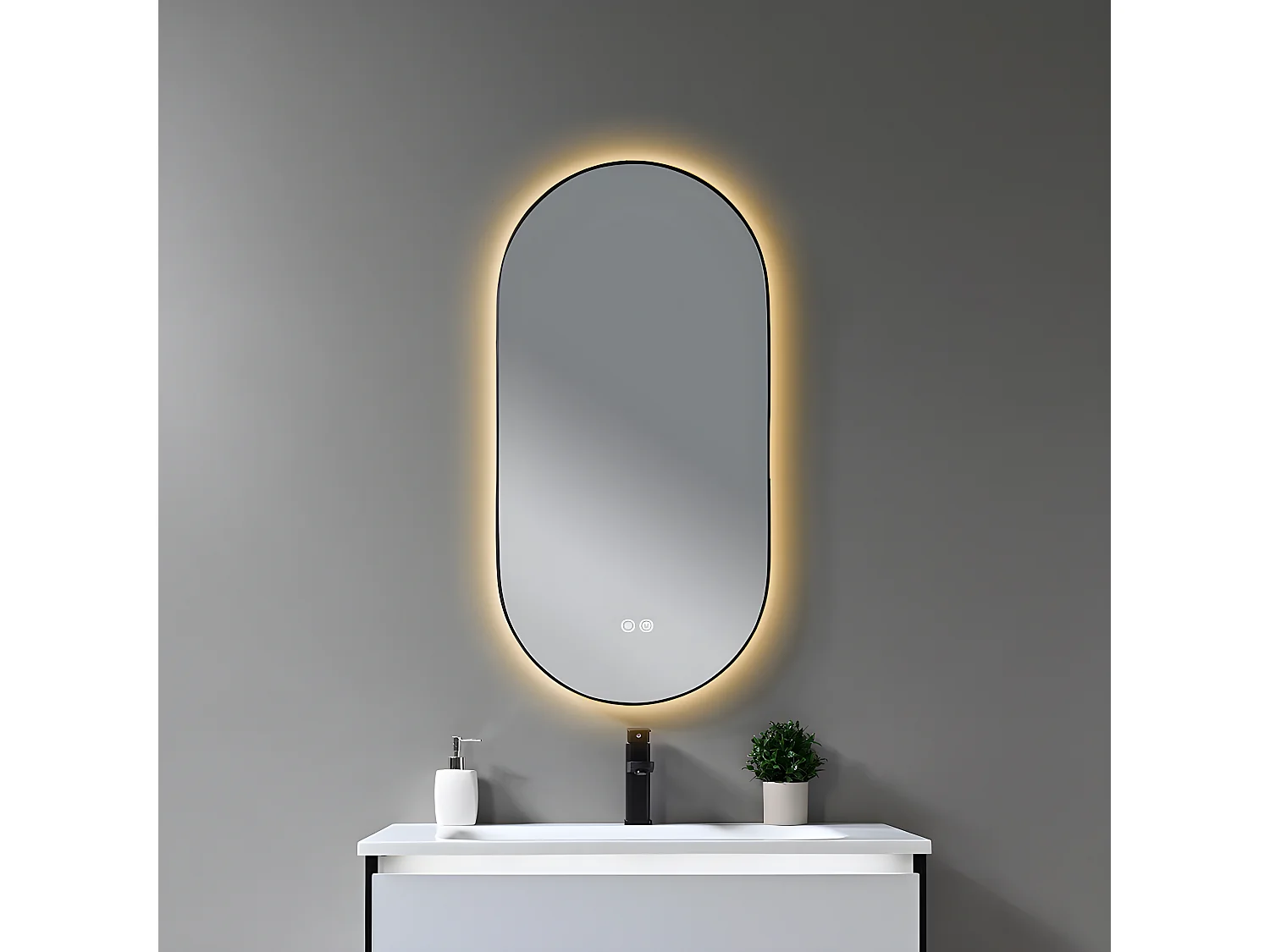 LuxuryBain- Miroir de salle de bain LED 45x90cm ovale anti buée avec cadre en aluminium noir