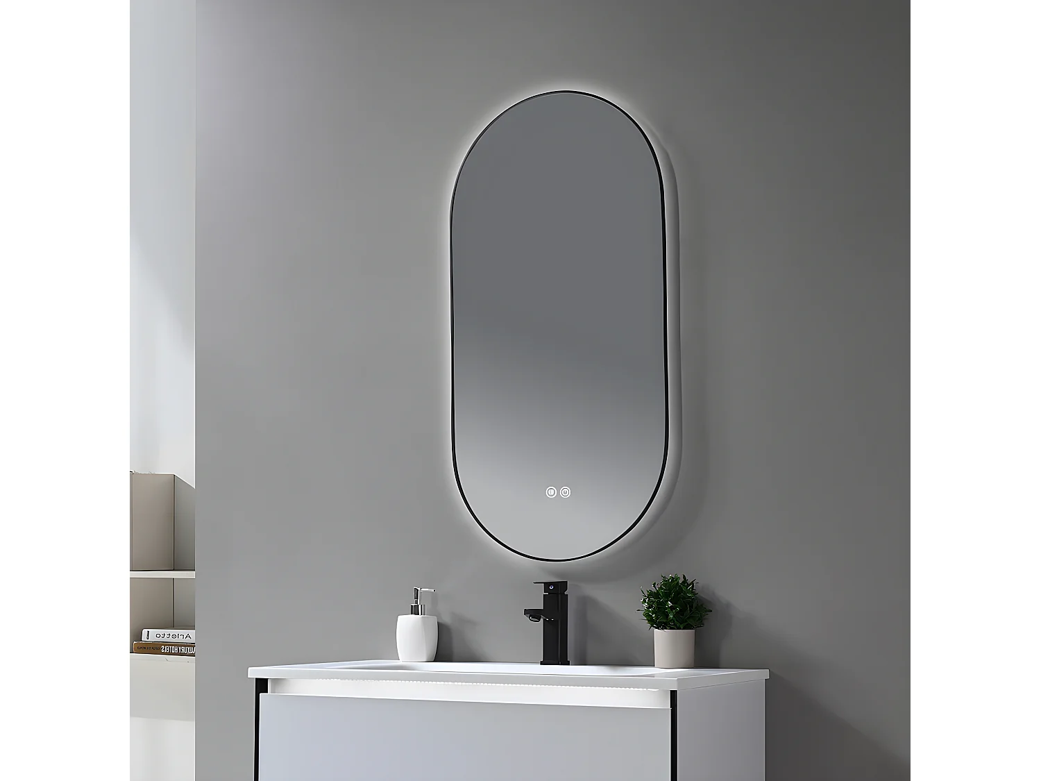 LuxuryBain- Miroir de salle de bain LED 45x90cm ovale anti buée avec cadre en aluminium noir