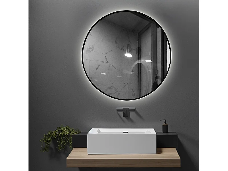 LuxuryBain- Miroir de salle de bain LED à luminosité variable 80cm rond avec cadre en aluminium noir et touche sensitive