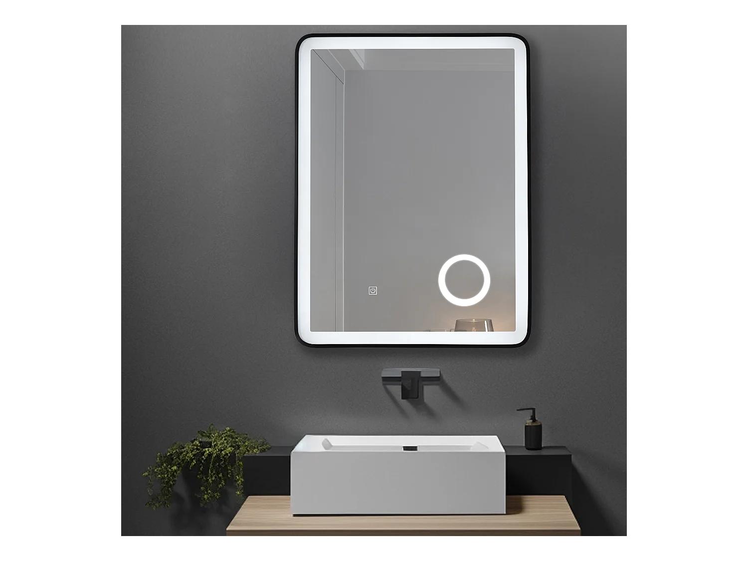 LuxuryBain- Miroir salle de bain LED 50x70cm avec cadre en aluminium noir et loupe grossissante x3