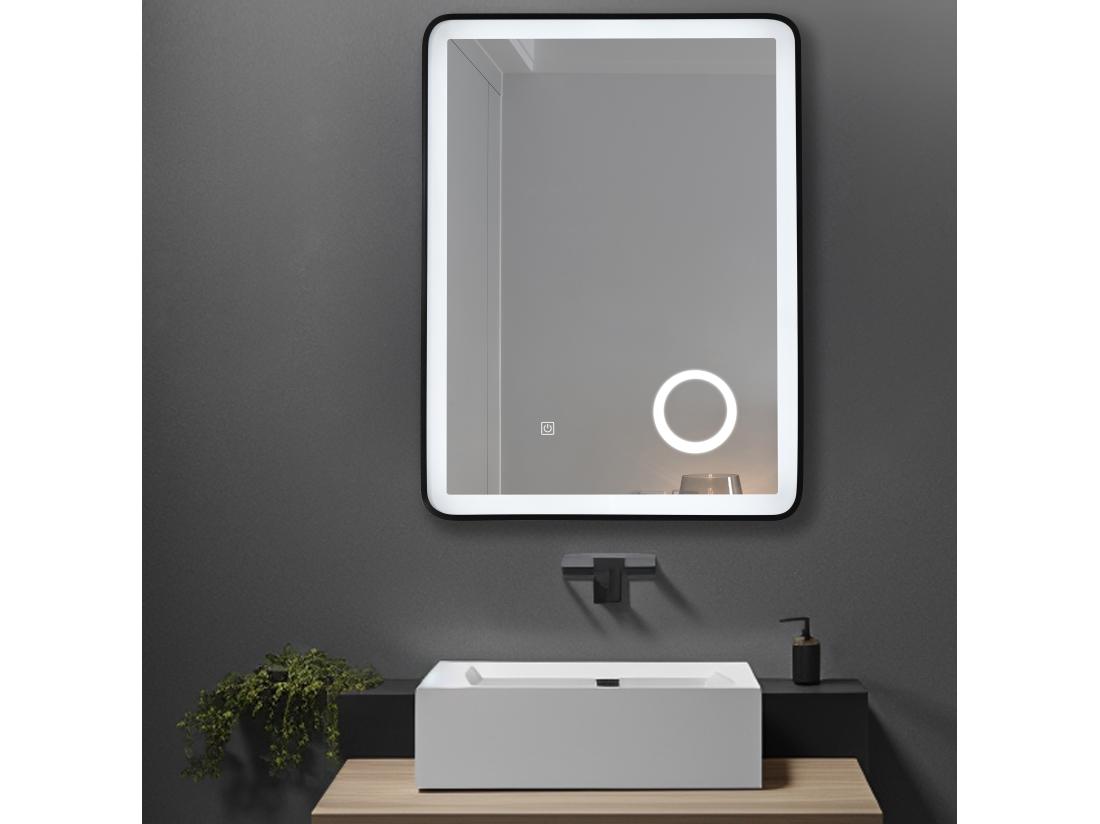 vente unique LuxuryBain- Miroir salle de bain LED 50x70cm avec cadre en aluminium noir et loupe grossissante x3