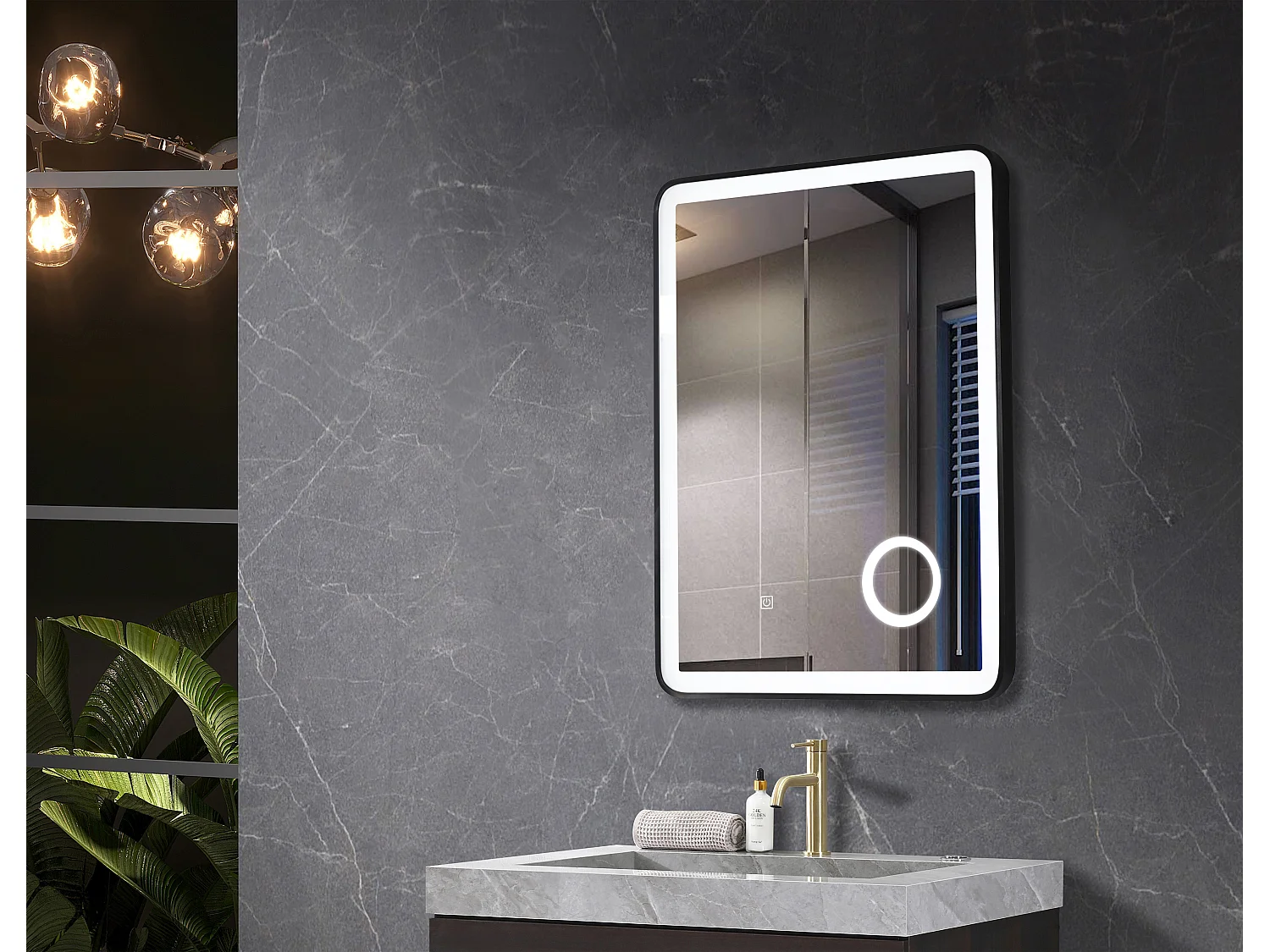 LuxuryBain- Miroir salle de bain LED 50x70cm avec cadre en aluminium noir et loupe grossissante x3