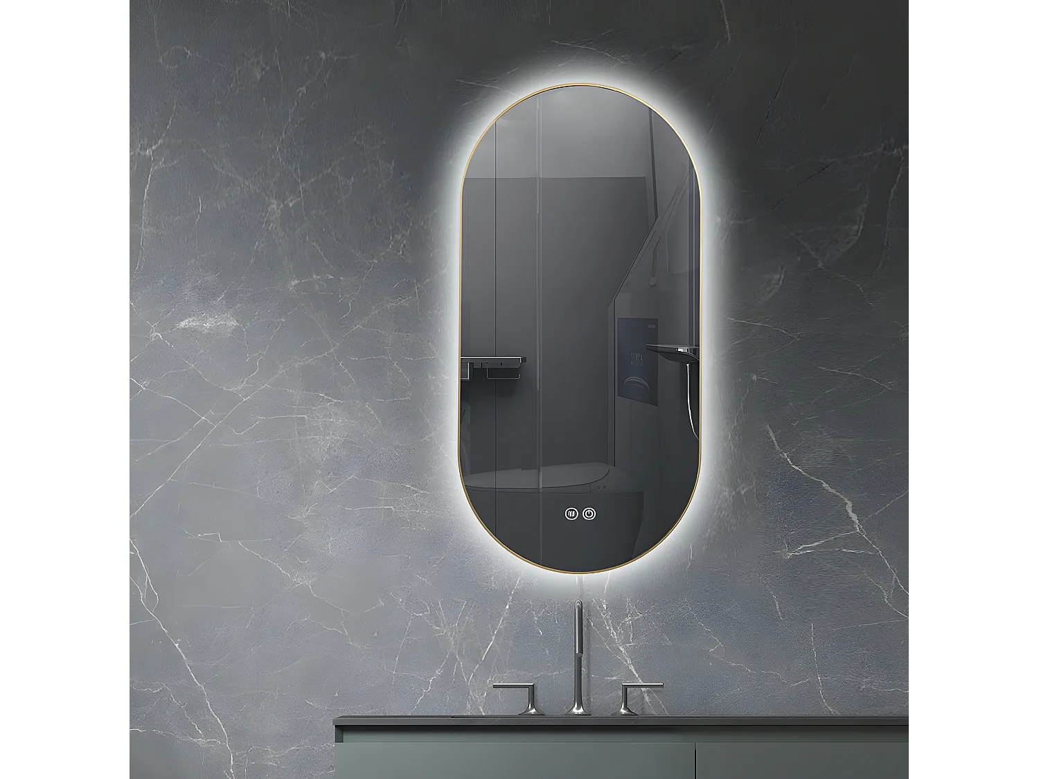 LuxuryBain- Miroir de salle de bain LED 45x90cm ovale anti buée avec cadre en aluminium doré, or