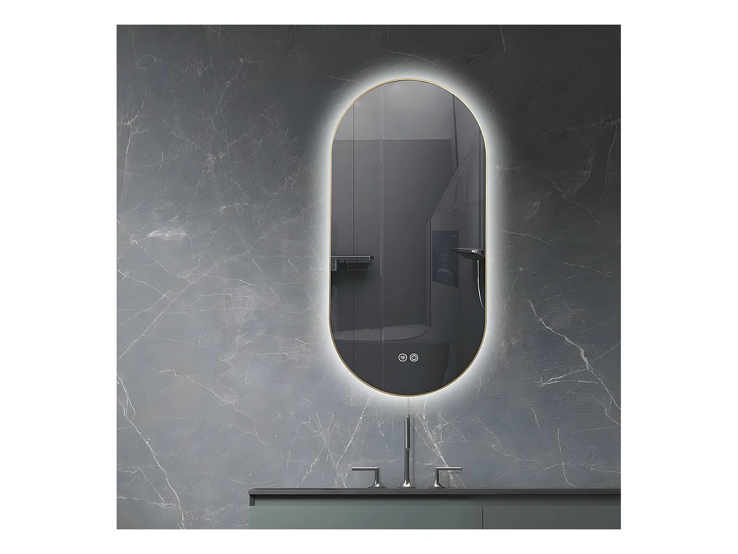 LuxuryBain- Miroir de salle de bain LED 45x90cm ovale anti buée avec cadre en aluminium doré, or