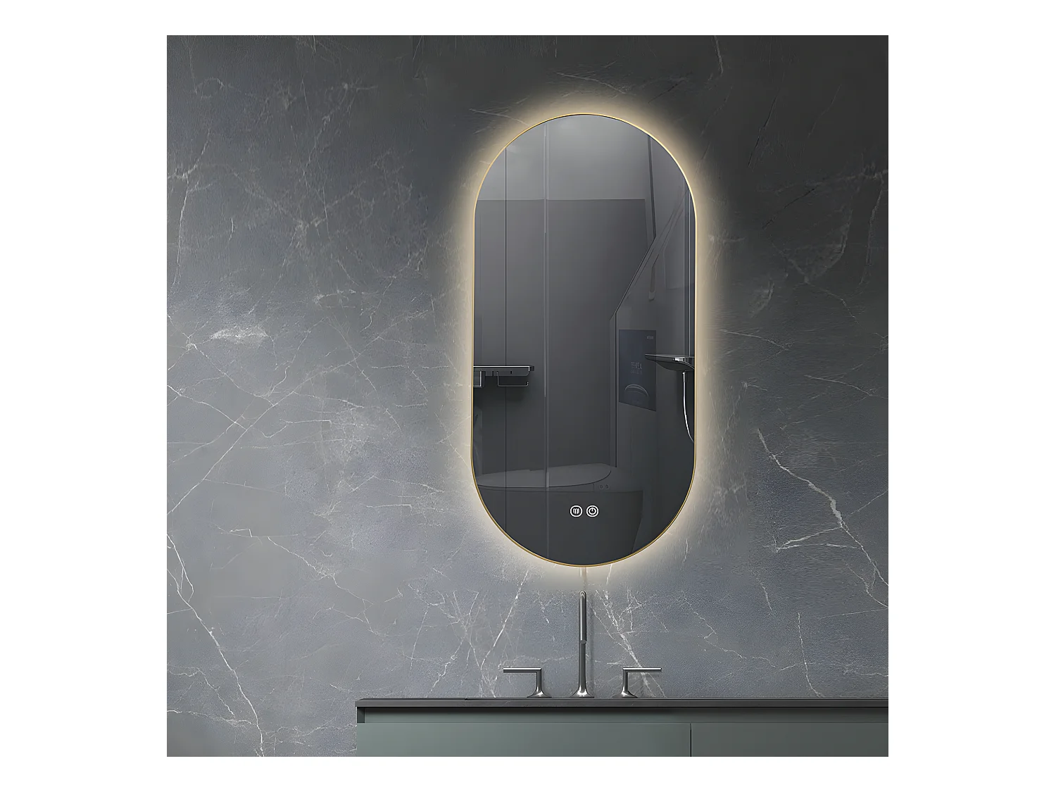 LuxuryBain- Miroir de salle de bain LED 45x90cm ovale anti buée avec cadre en aluminium doré, or