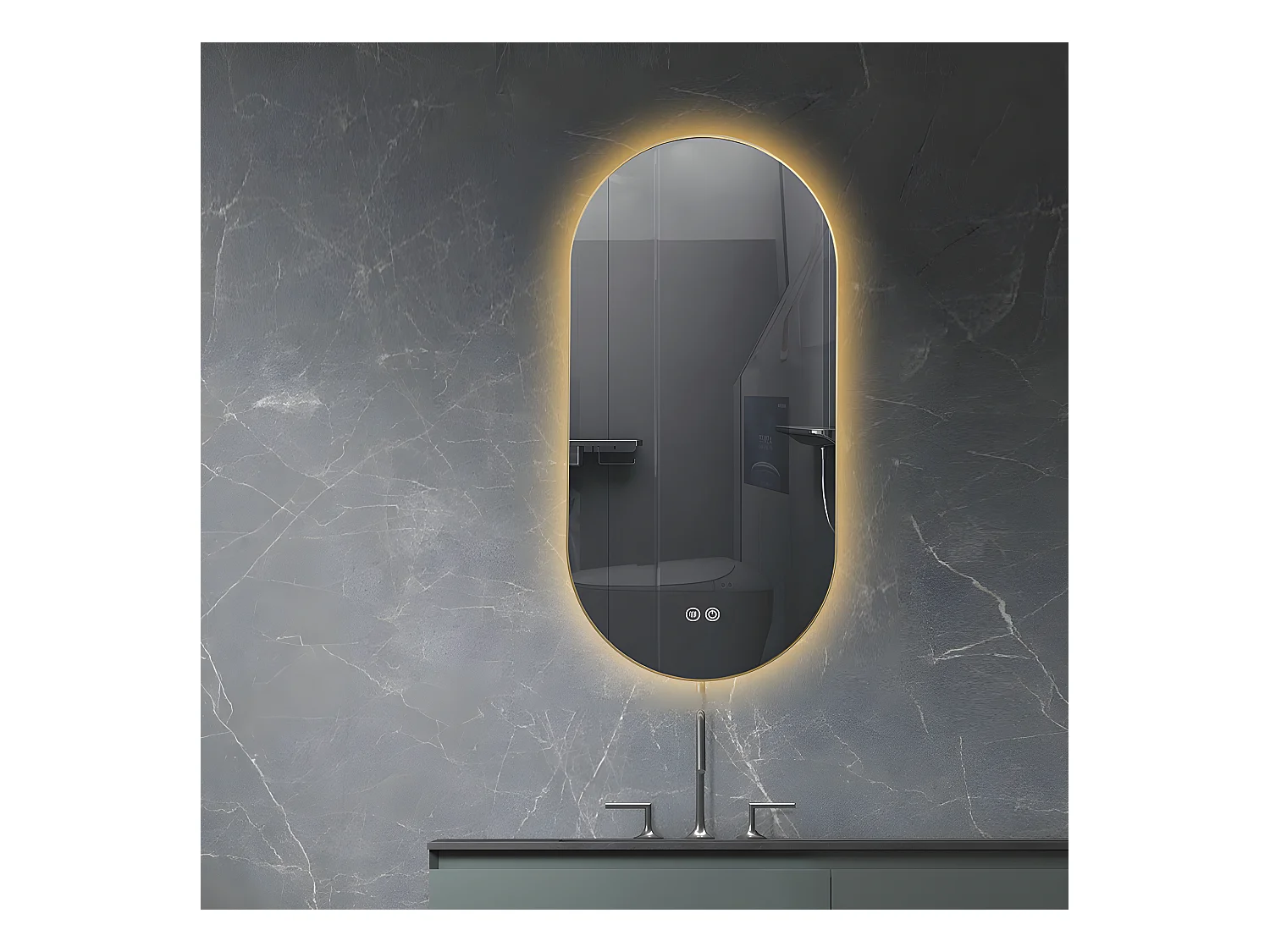 LuxuryBain- Miroir de salle de bain LED 45x90cm ovale anti buée avec cadre en aluminium doré, or