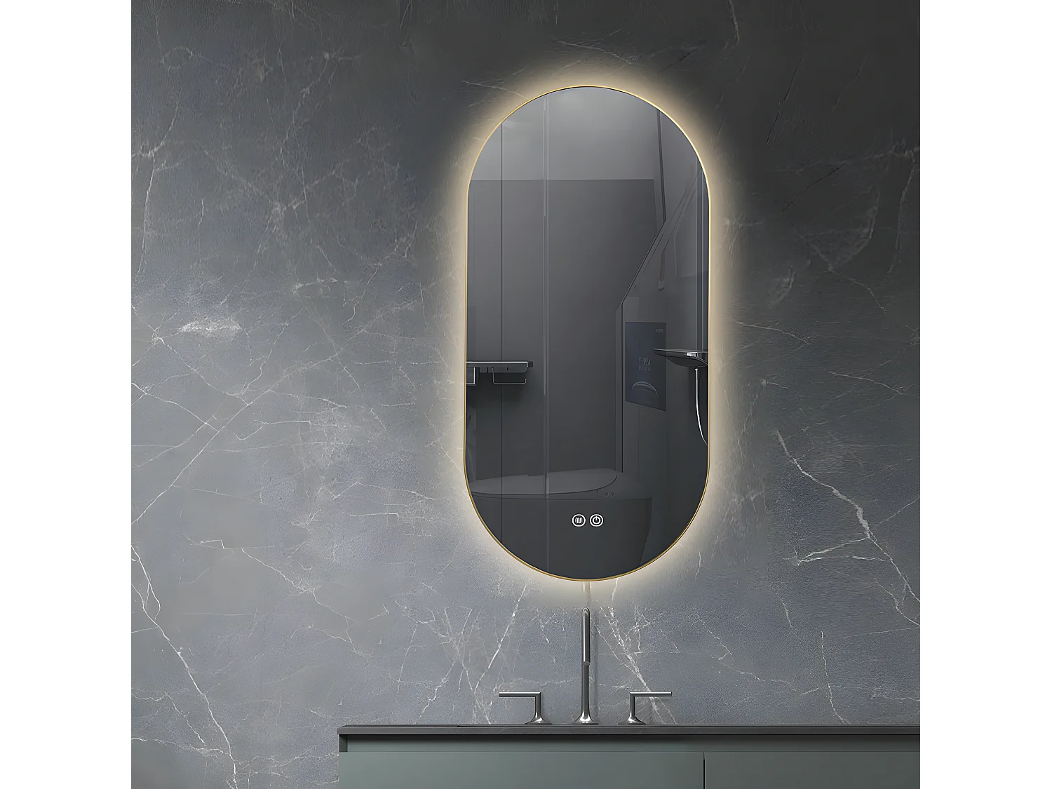 LuxuryBain- Miroir de salle de bain LED 45x90cm ovale anti buée avec cadre en aluminium doré, or