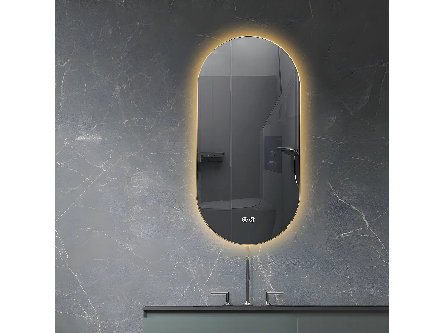 LuxuryBain- Miroir de salle de bain LED 45x90cm ovale anti buée avec cadre en aluminium doré, or