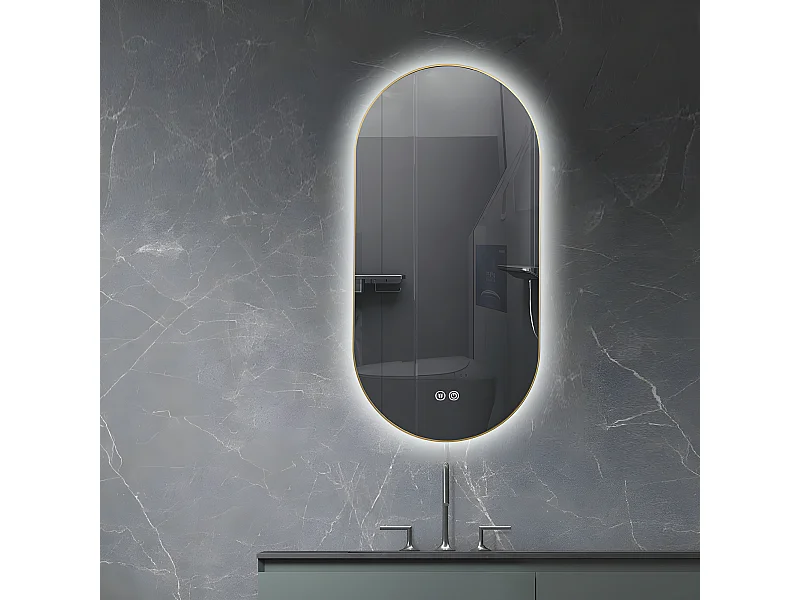 LuxuryBain- Miroir de salle de bain LED 45x90cm ovale anti buée avec cadre en aluminium doré, or