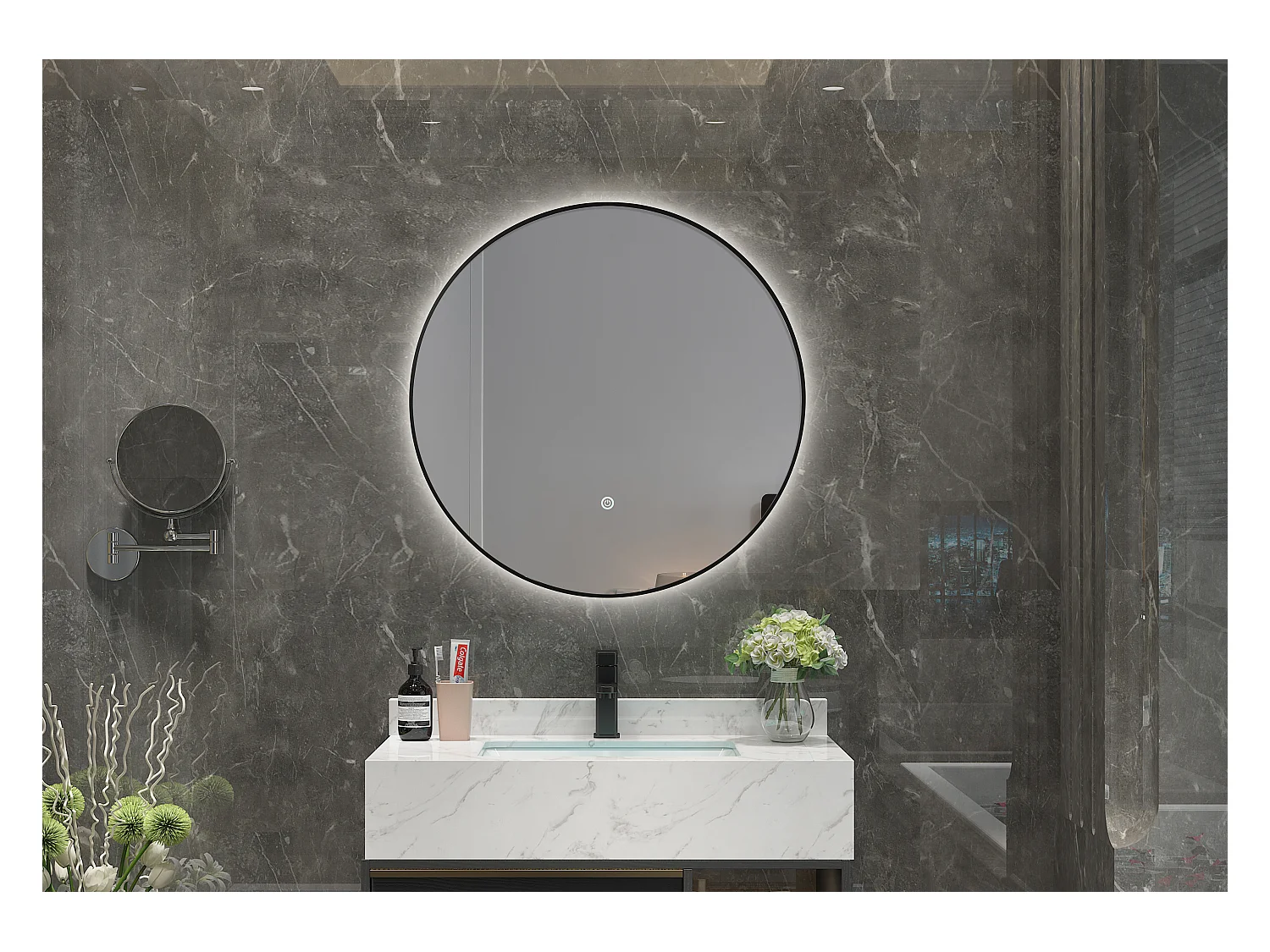LuxuryBain- Miroir de salle de bain LED à luminosité variable 80cm rond avec cadre en aluminium noir