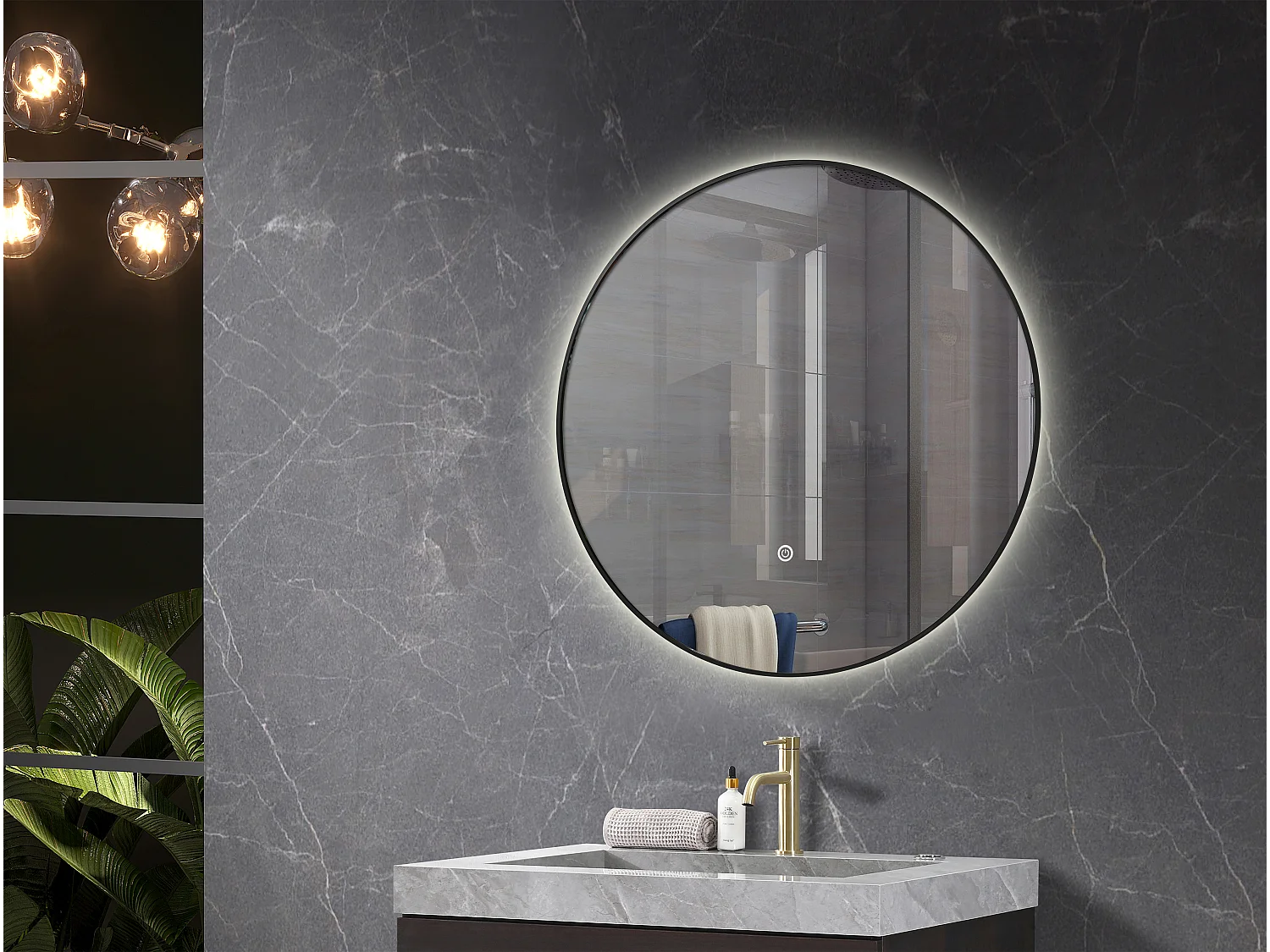 LuxuryBain- Miroir de salle de bain LED à luminosité variable 80cm rond avec cadre en aluminium noir