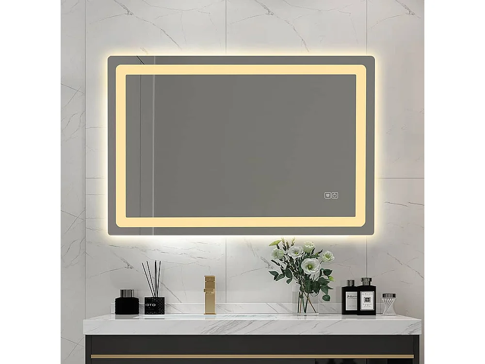 LuxuryBain- Rechthoekige LED Badkamerspiegel 90x60, Wit, Variabele Helderheid, IP44, 24-30W, 120 LEDs/m, Touchbediening