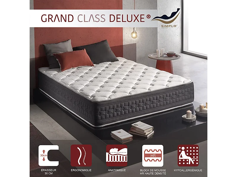 Matelas 90x190 mousse grand class | mousse à mémoire de forme | épaisseur 30 cm | auto régulation de température | 11 zones de confort
