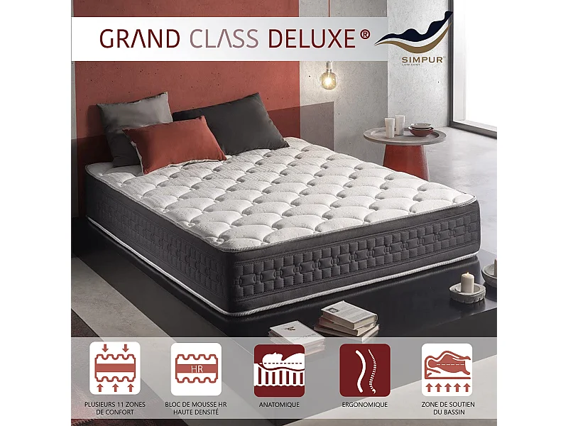 Matelas 135x190 mousse grand class | mousse à mémoire de forme | épaisseur 30 cm | auto régulation de température | 11 zones de confort
