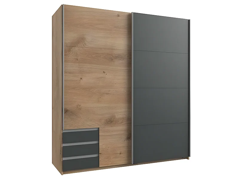 Armoire de rangement EDONA 179 cm portes coulissantes 3 tiroirs chêne poutre / graphite