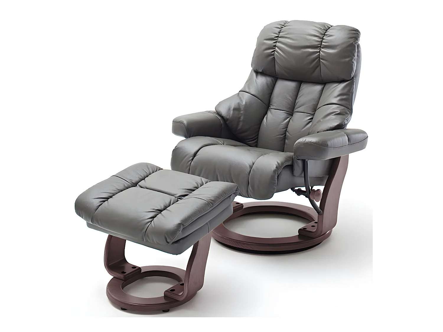 Fauteuil relax CLAIRAC XL assise en cuir nougat pied en bois couleur noyer avec repose pied
