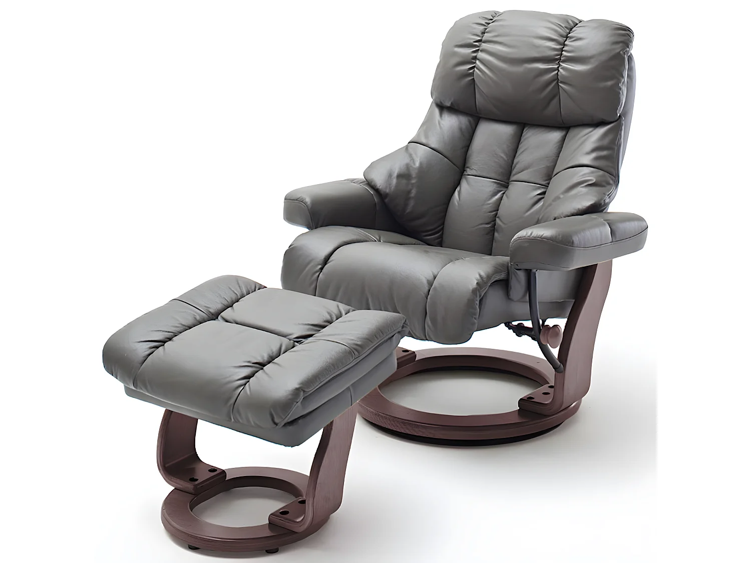 Fauteuil relax CLAIRAC XL assise en cuir nougat pied en bois couleur noyer avec repose pied