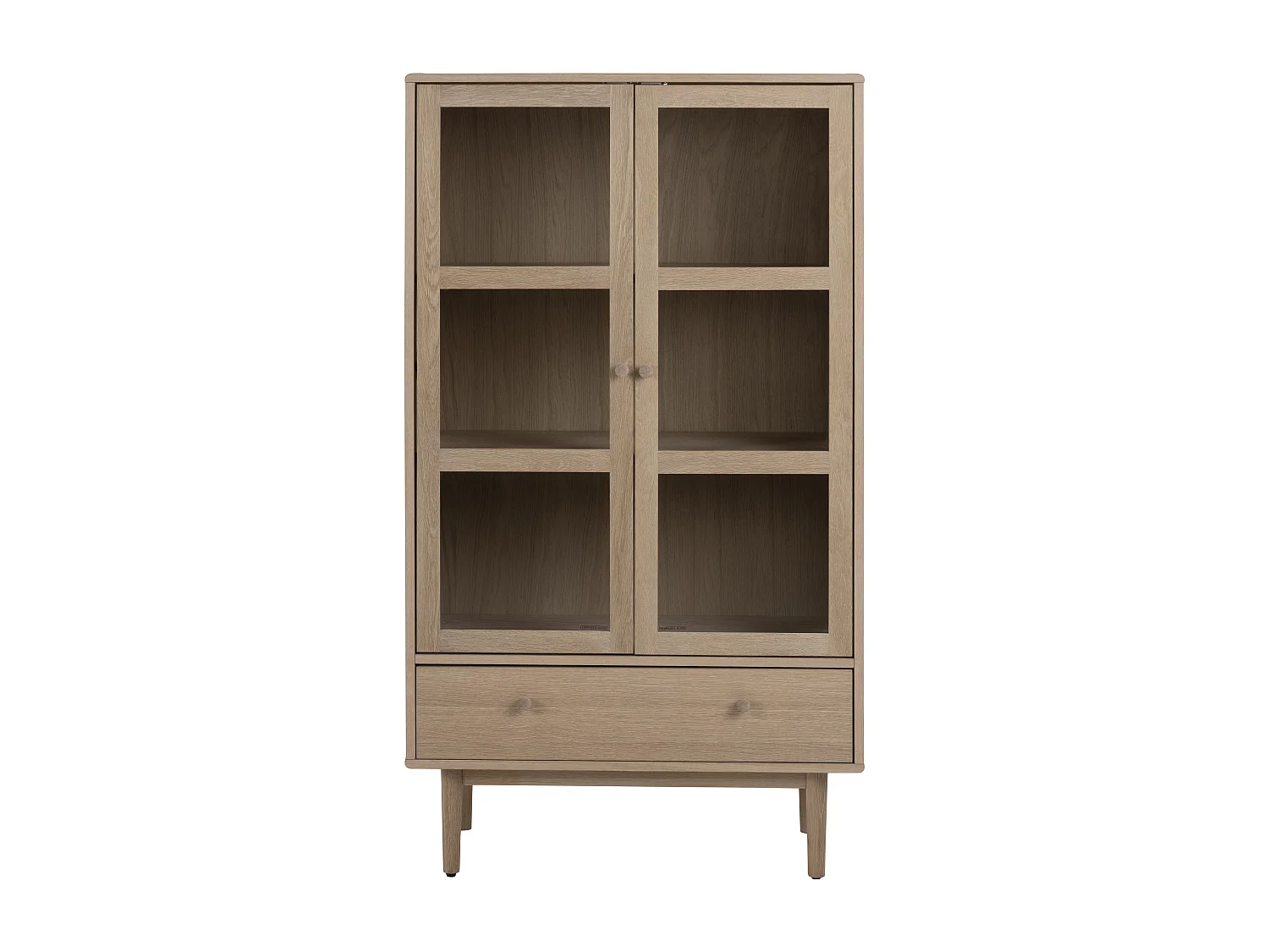 Assor vitrinekast met 2 glazen deuren en 1 lade, wit geolied eiken decor.