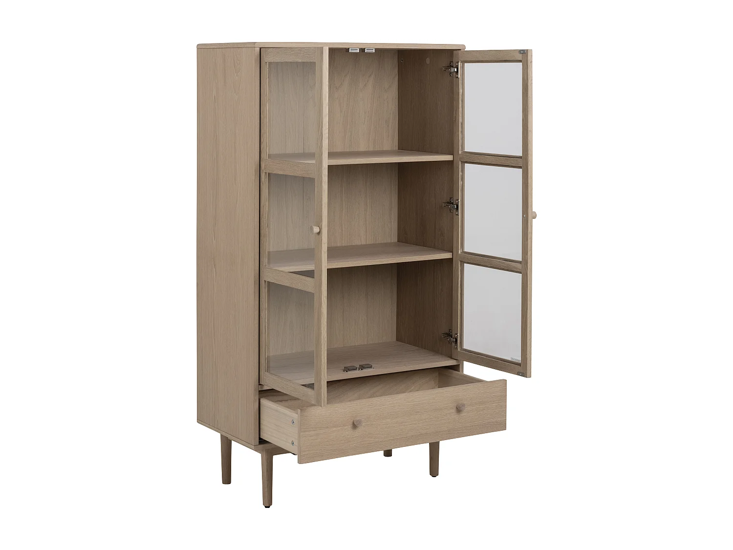 Assor vitrinekast met 2 glazen deuren en 1 lade, wit geolied eiken decor.