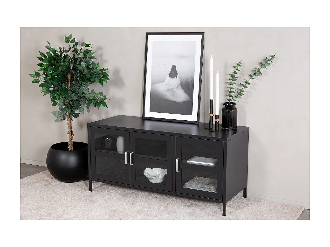 Acero TV-meubel 3 glazen deuren zwart.