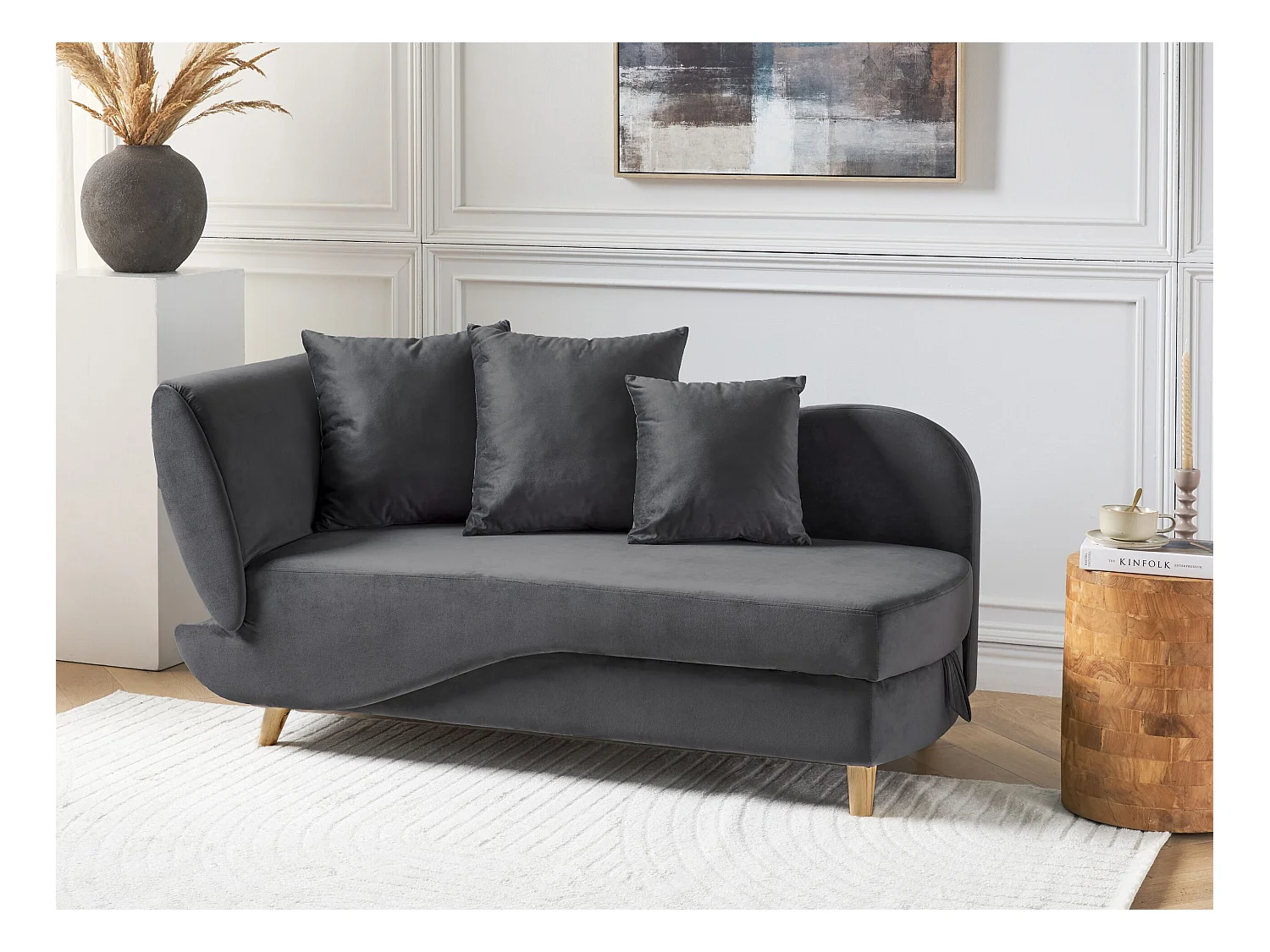 Chaise longue côté droite MERI Velours Gris foncé avec rangement