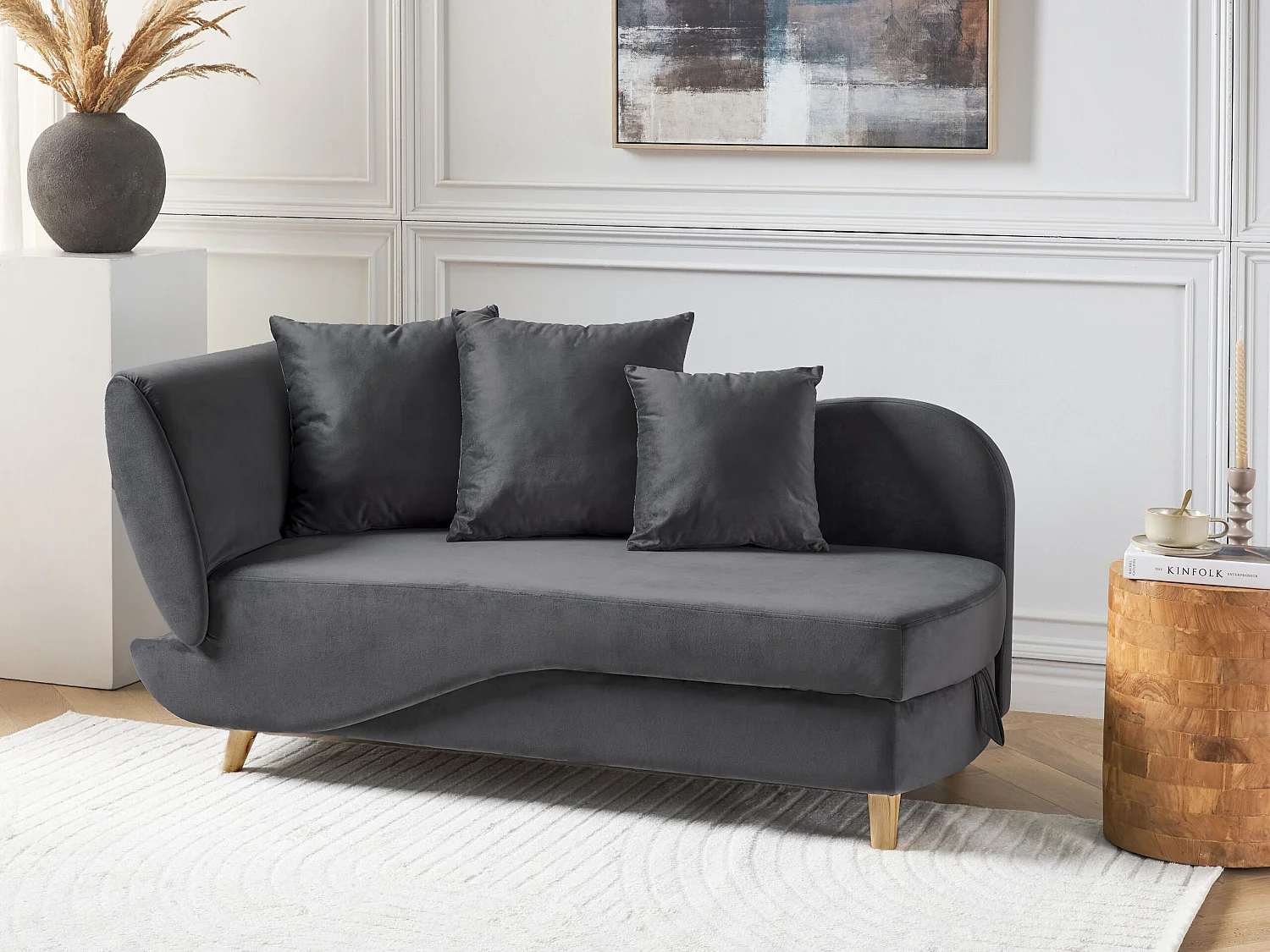 Chaise longue côté droite MERI Velours Gris foncé avec rangement