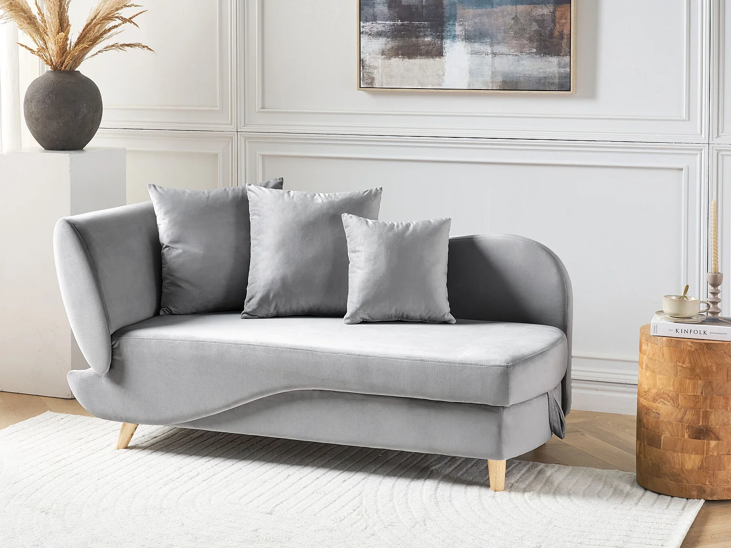 Chaise longue côté gauche MERI Velours Gris clair avec rangement