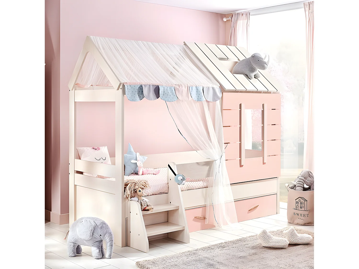 Letto a casetta bambini + cassetto truciolato rosa 90x200cm