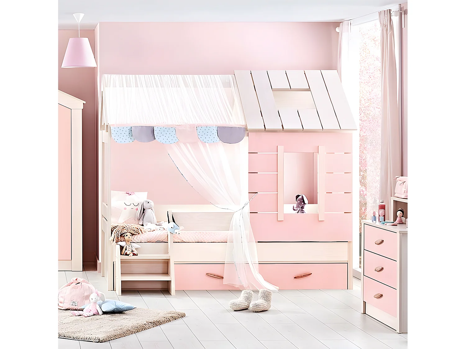 Lit enfant cabane + tiroir en aggloméré rose 90x200cm