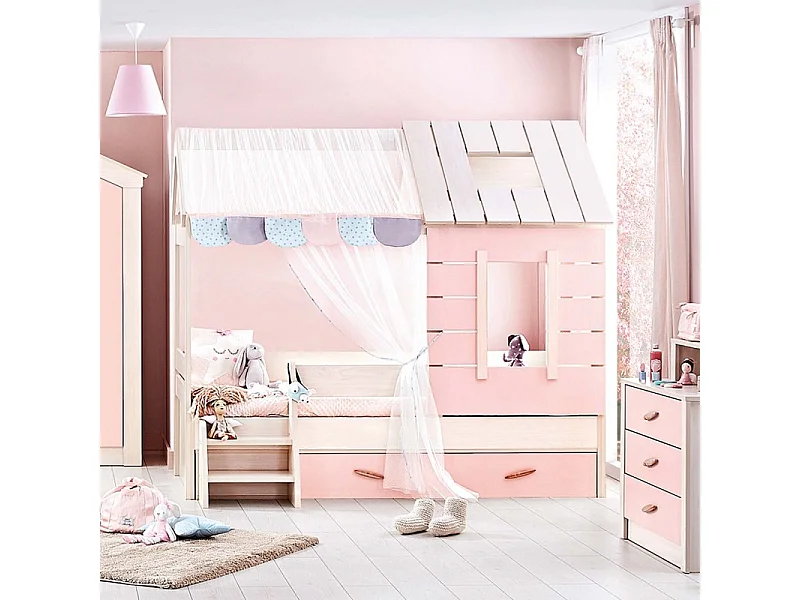 Kinderhuisjesbed + lade spaanplaat roze 90x200cm