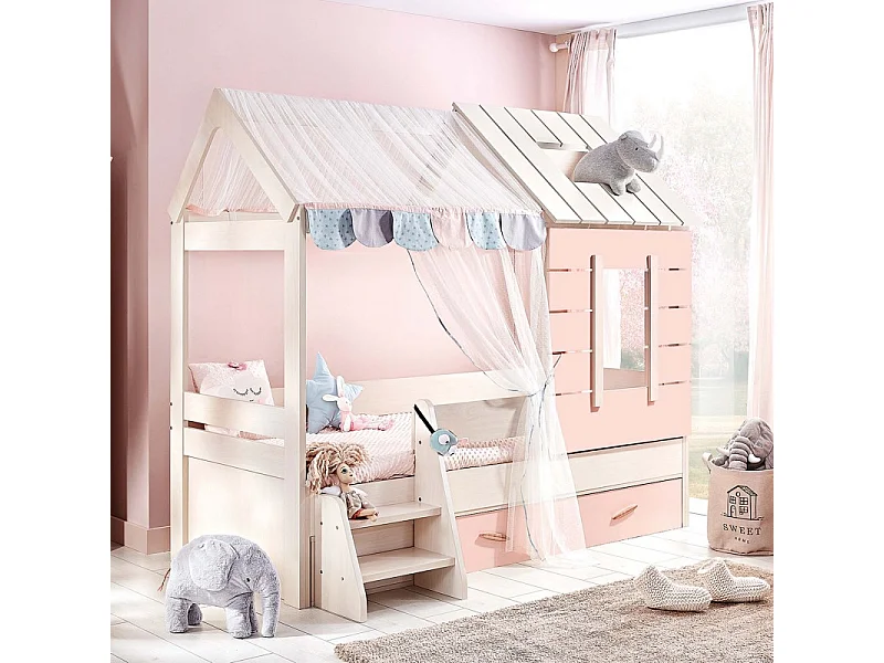 Kinderhuisjesbed + lade spaanplaat roze 90x200cm