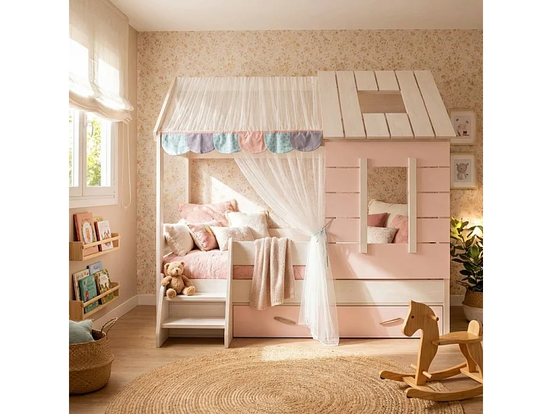 Letto a casetta bambini + cassetto truciolato rosa 90x200cm