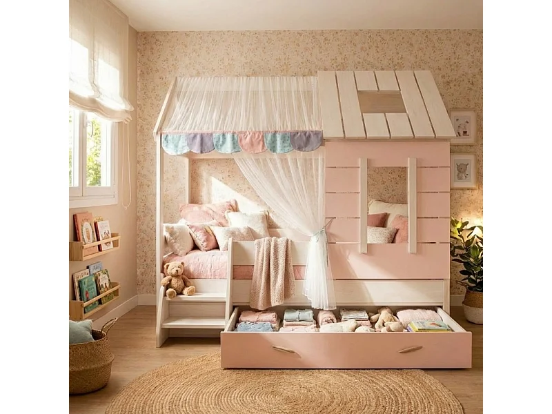 Letto a casetta bambini + cassetto truciolato rosa 90x200cm