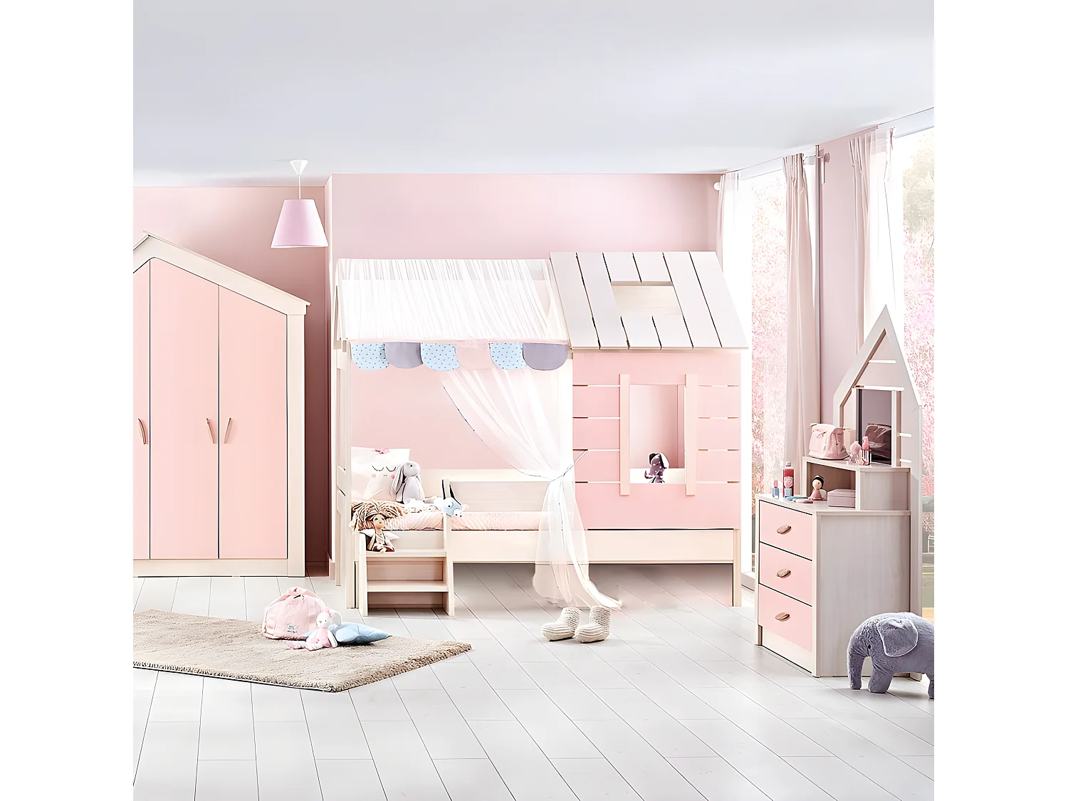 Lit enfant cabane en aggloméré rose 90x200cm