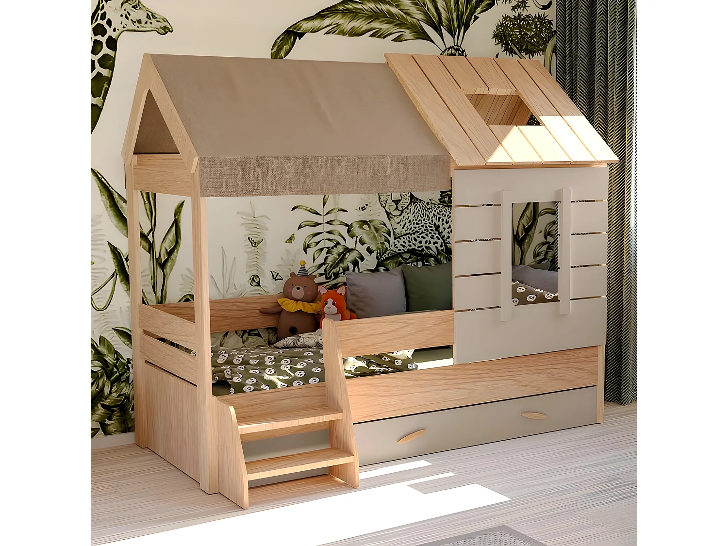 Cama infantil casita + cajón aglomerado gris 90x200cm