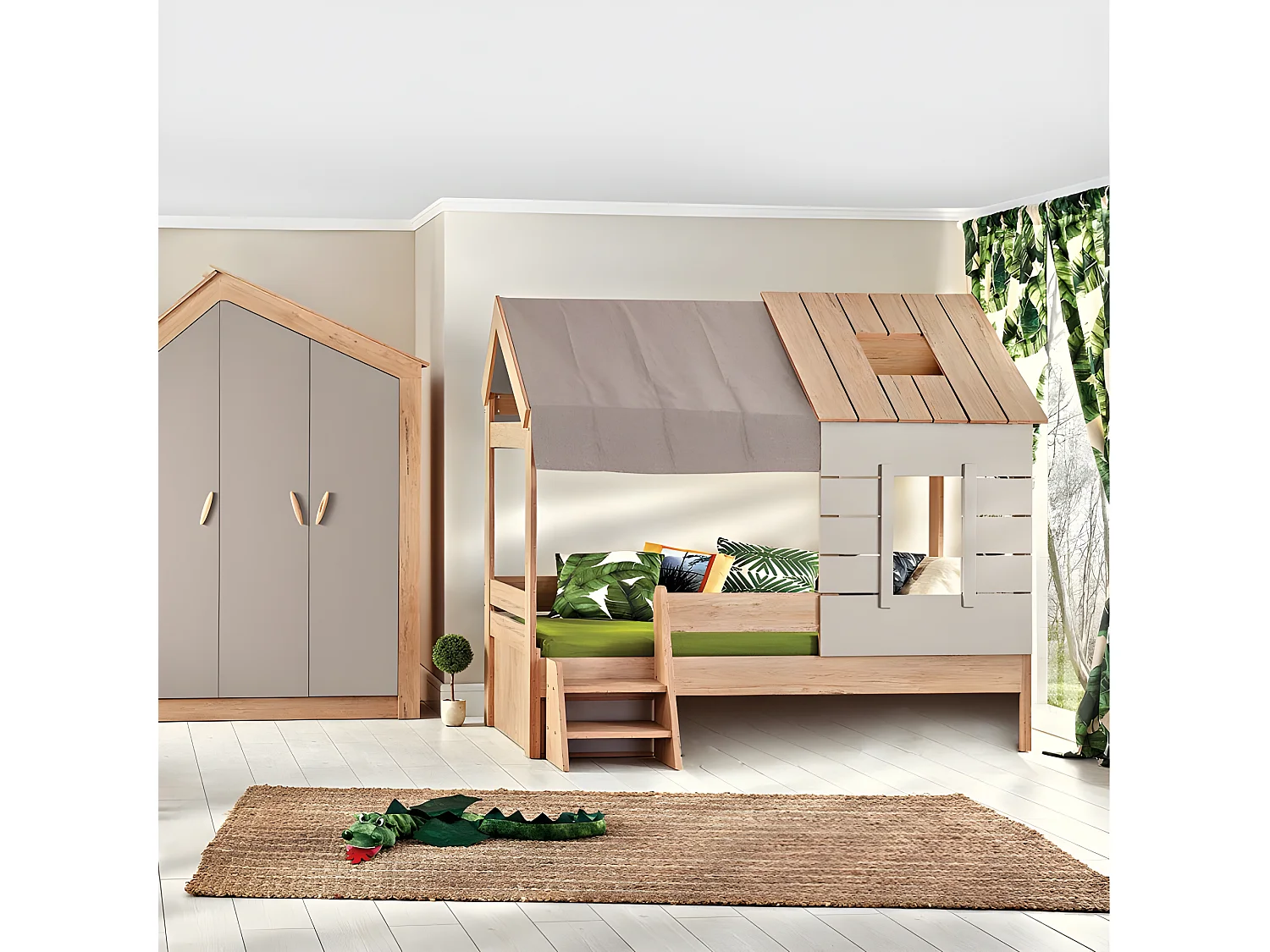 Cama infantil casita + cajón aglomerado gris 90x200cm